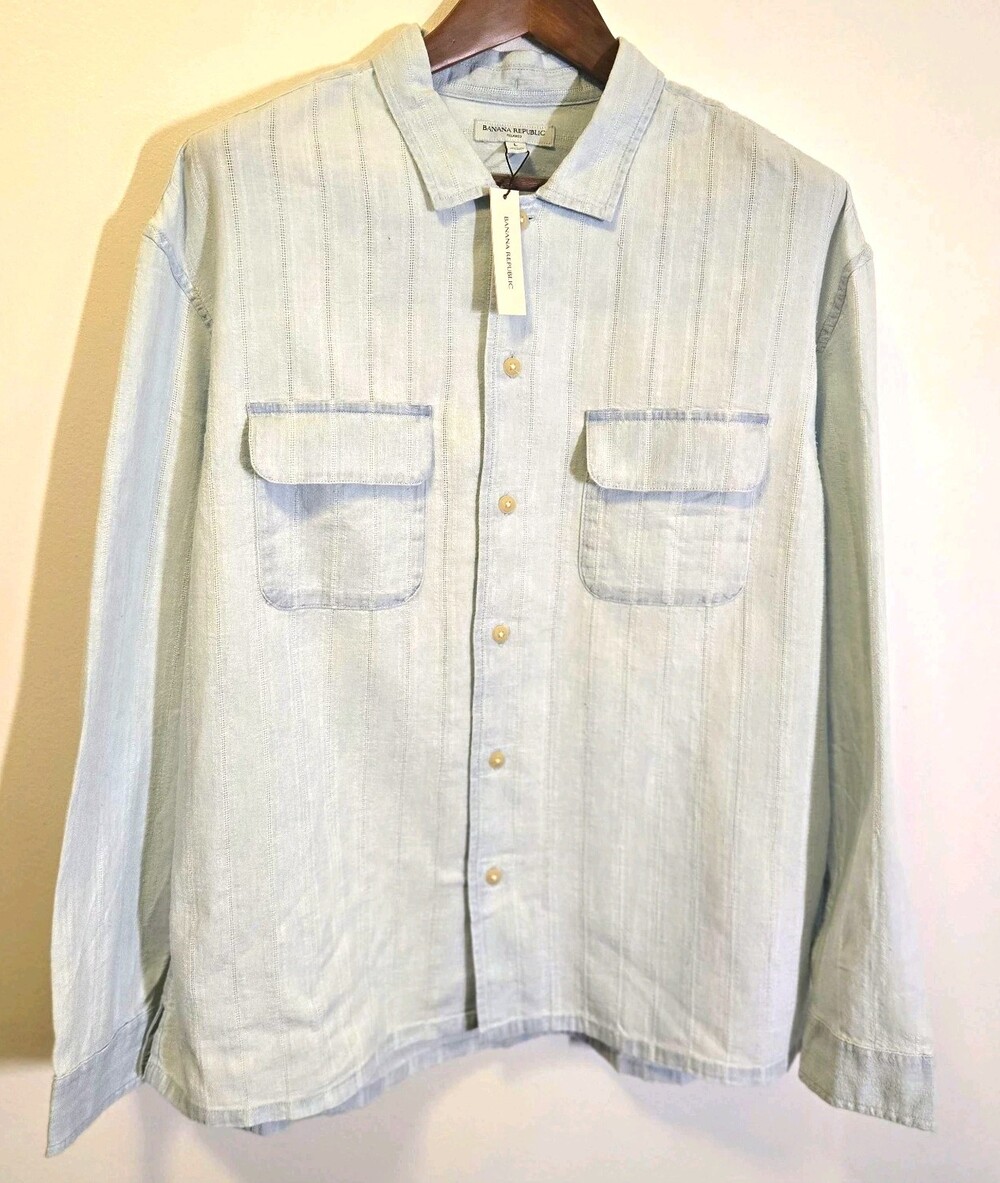 Banana Republic Heritage Men's L Blue Striped Cotton Utility Shirt NWT